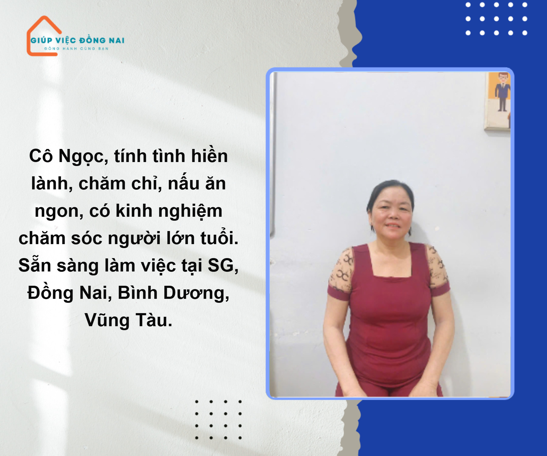 Chị NGUYỄN THỊ NGỌC, sinh năm 1973, quê Long An cần tìm việc