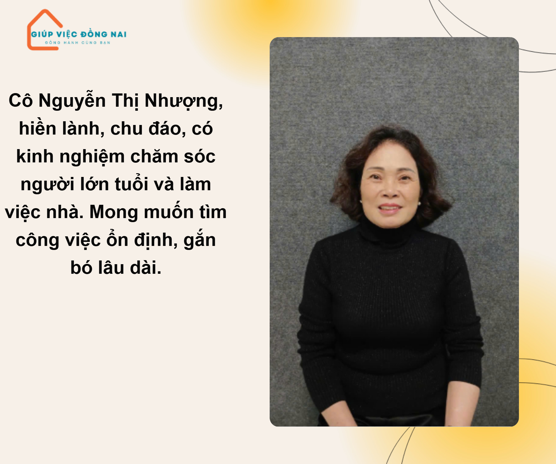 Chị NGUYỄN THỊ NHƯỢNG, sinh năm 1963, quê Bình Định cần tìm việc