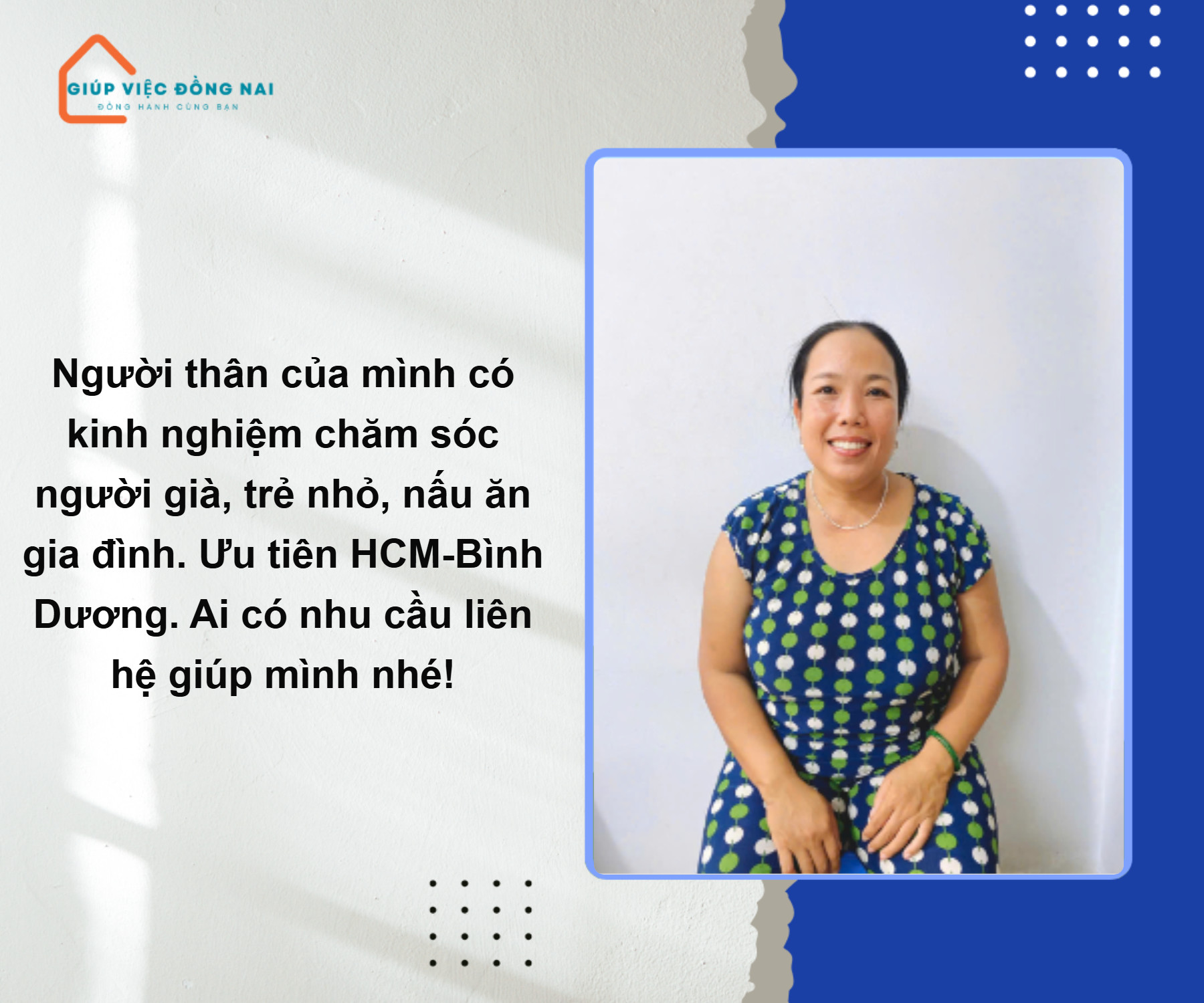 Chị DƯƠNG THỊ XUÂN ĐÀO, sinh năm 1980, quê Hậu Giang cần tìm việc