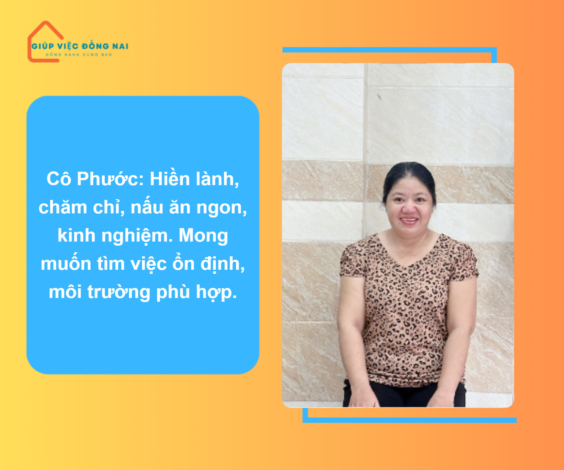 Chị NGUYỄN THỊ PHƯỚC, sinh năm 1976, quê Đồng Nai cần tìm việc