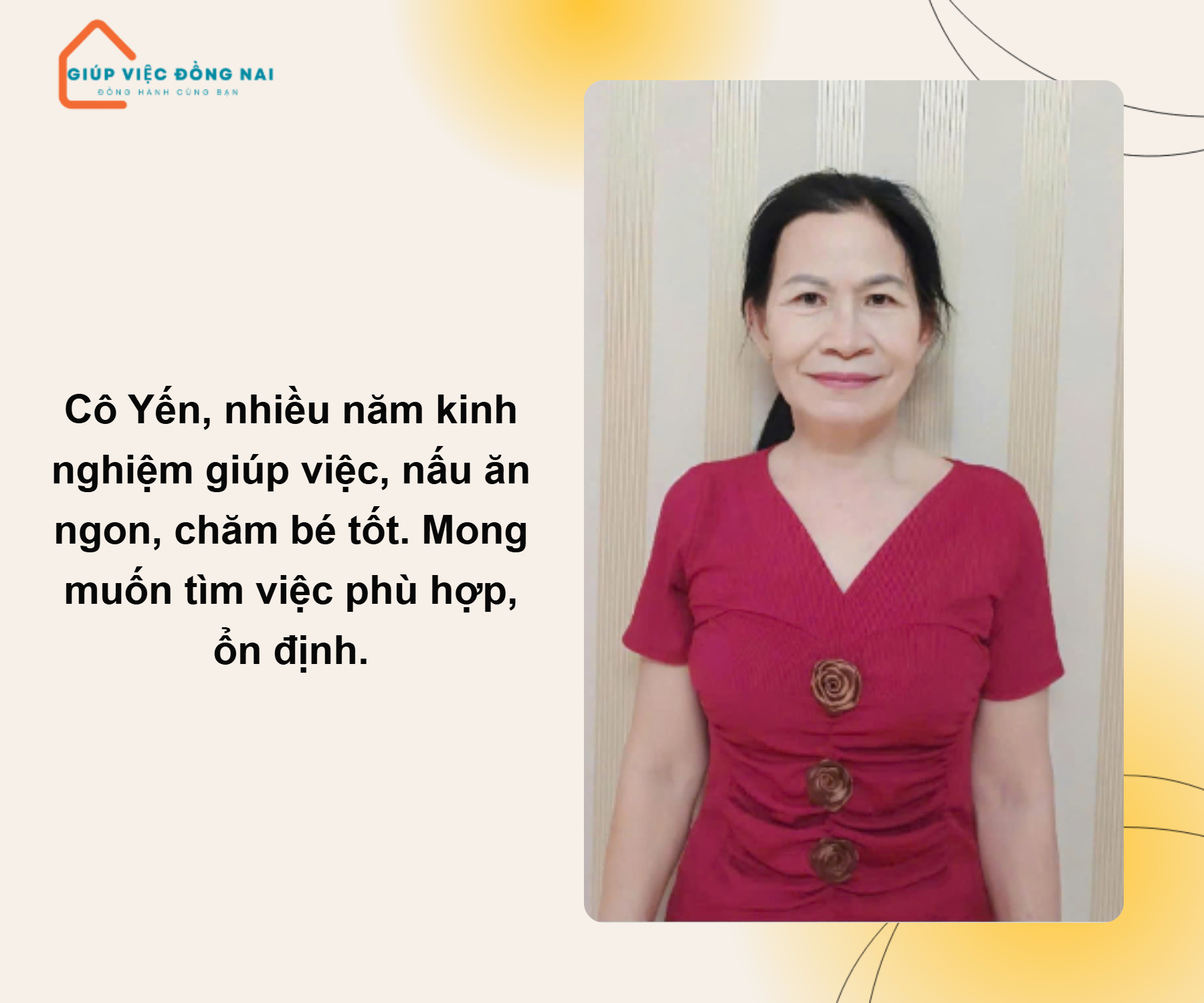 Chị HUỲNH THỊ NGỌC YẾN, sinh năm 1970, quê Đồng Nai cần tìm việc