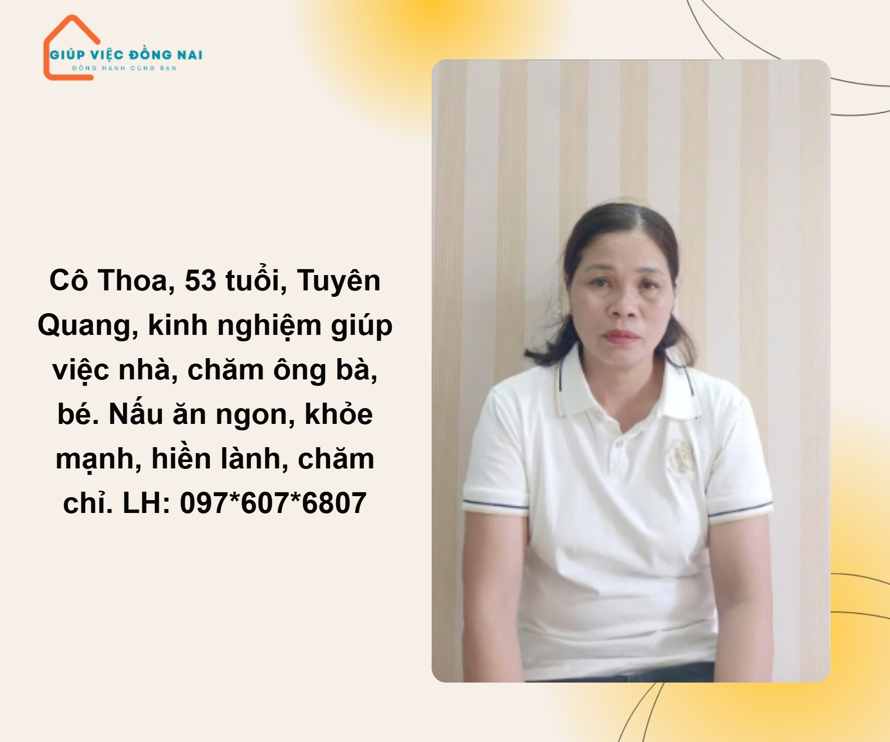 Chị NGUYỄN THỊ THOA, sinh năm 1971, quê Tuyên Quang cần tìm việc