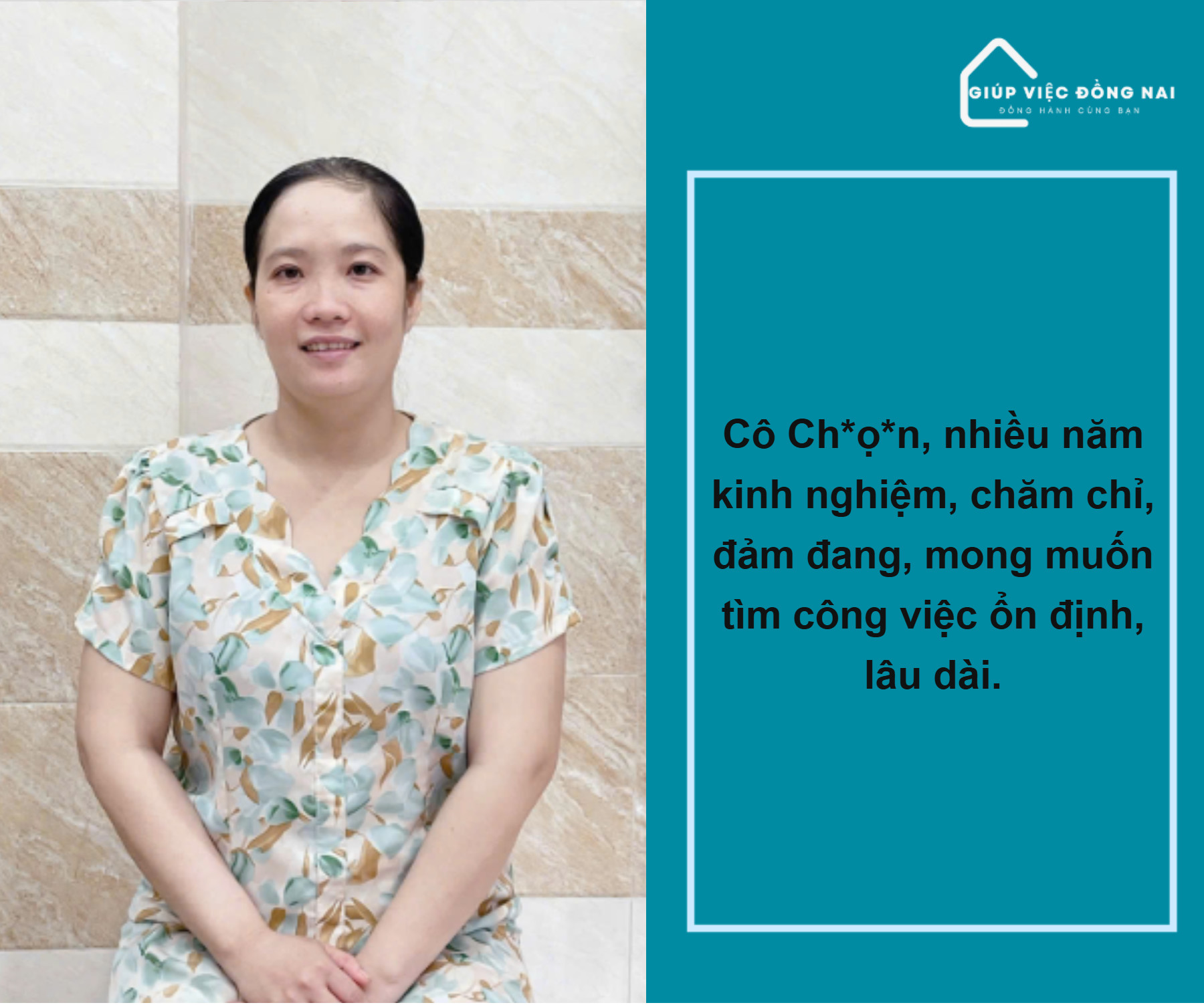Chị TRƯƠNG THỊ CHỌN, sinh năm 1988, quê Đồng Nai cần tìm việc