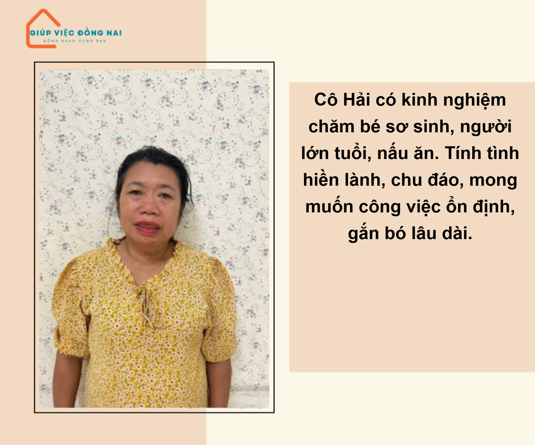 Chị NGUYỄN THỊ HẢI, sinh năm 1973, quê Nghệ An cần tìm việc