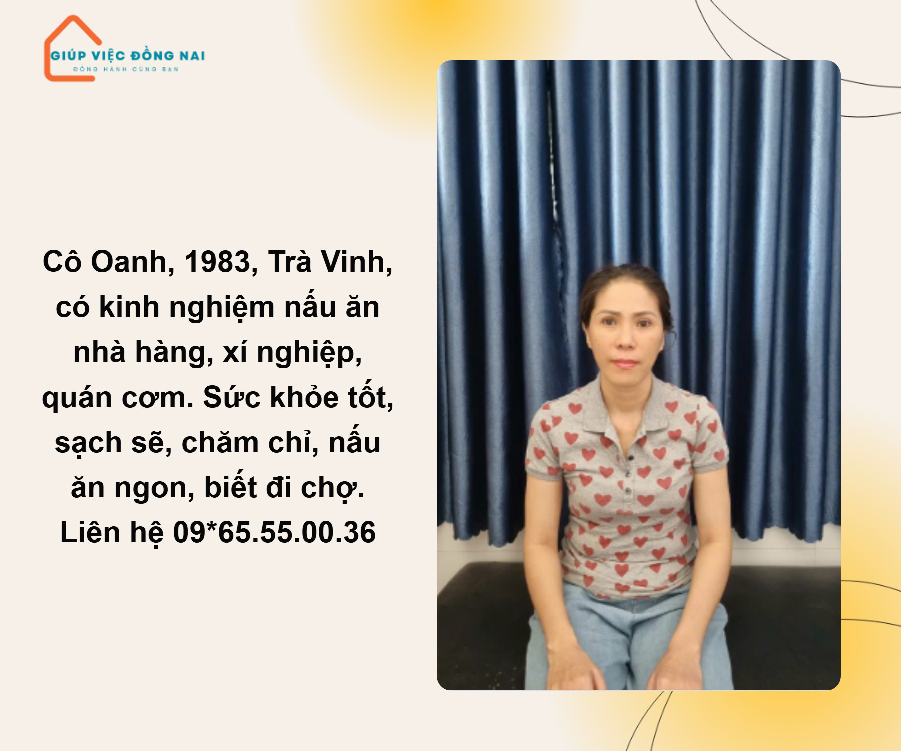 Chị TRẦM THỊ KIỀU OANH, sinh năm 1983, quê Trà Vinh cần tìm việc