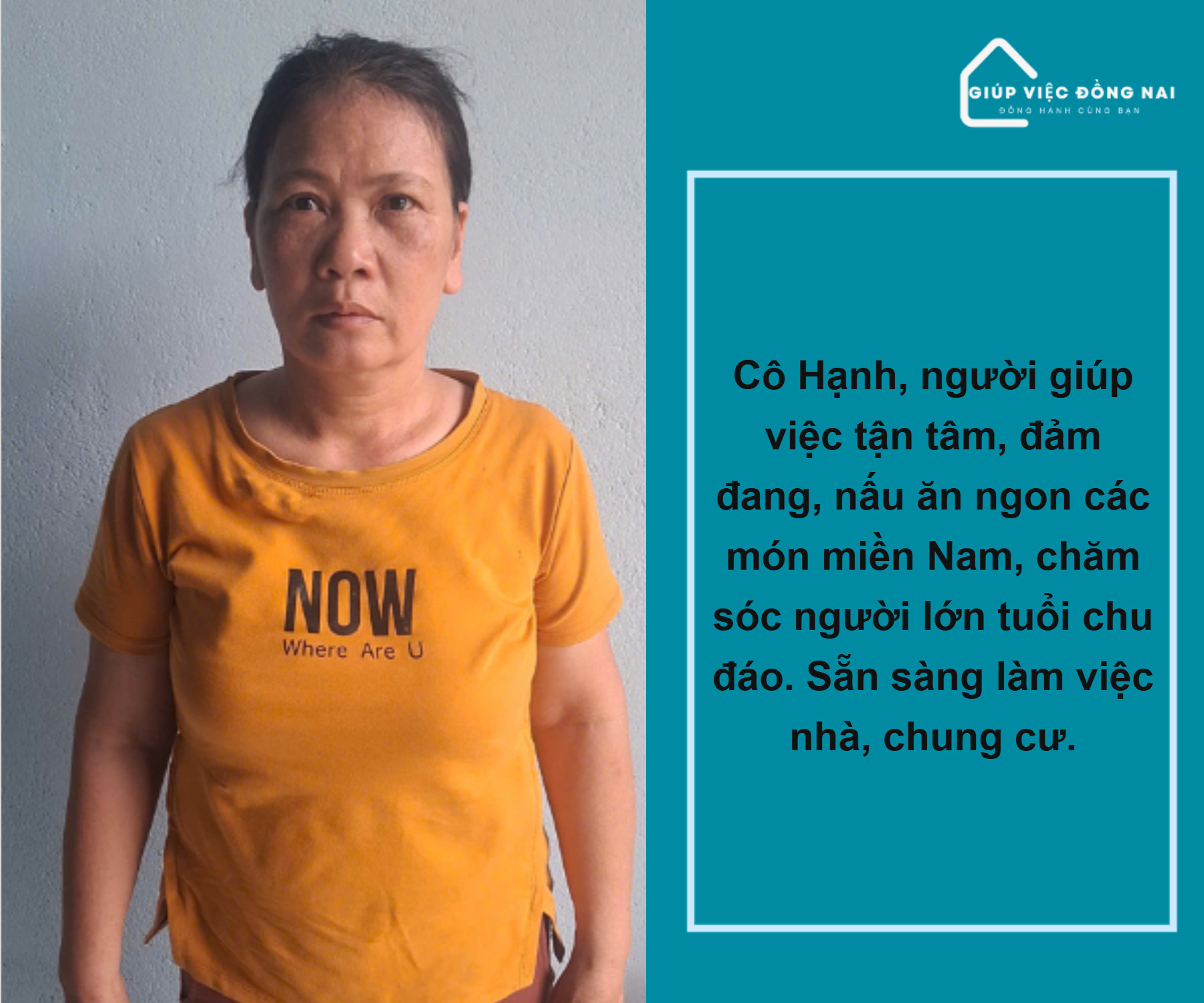Chị ĐẶNG THỊ MỸ HẠNH, sinh năm 1972, quê Bình Định cần tìm việc