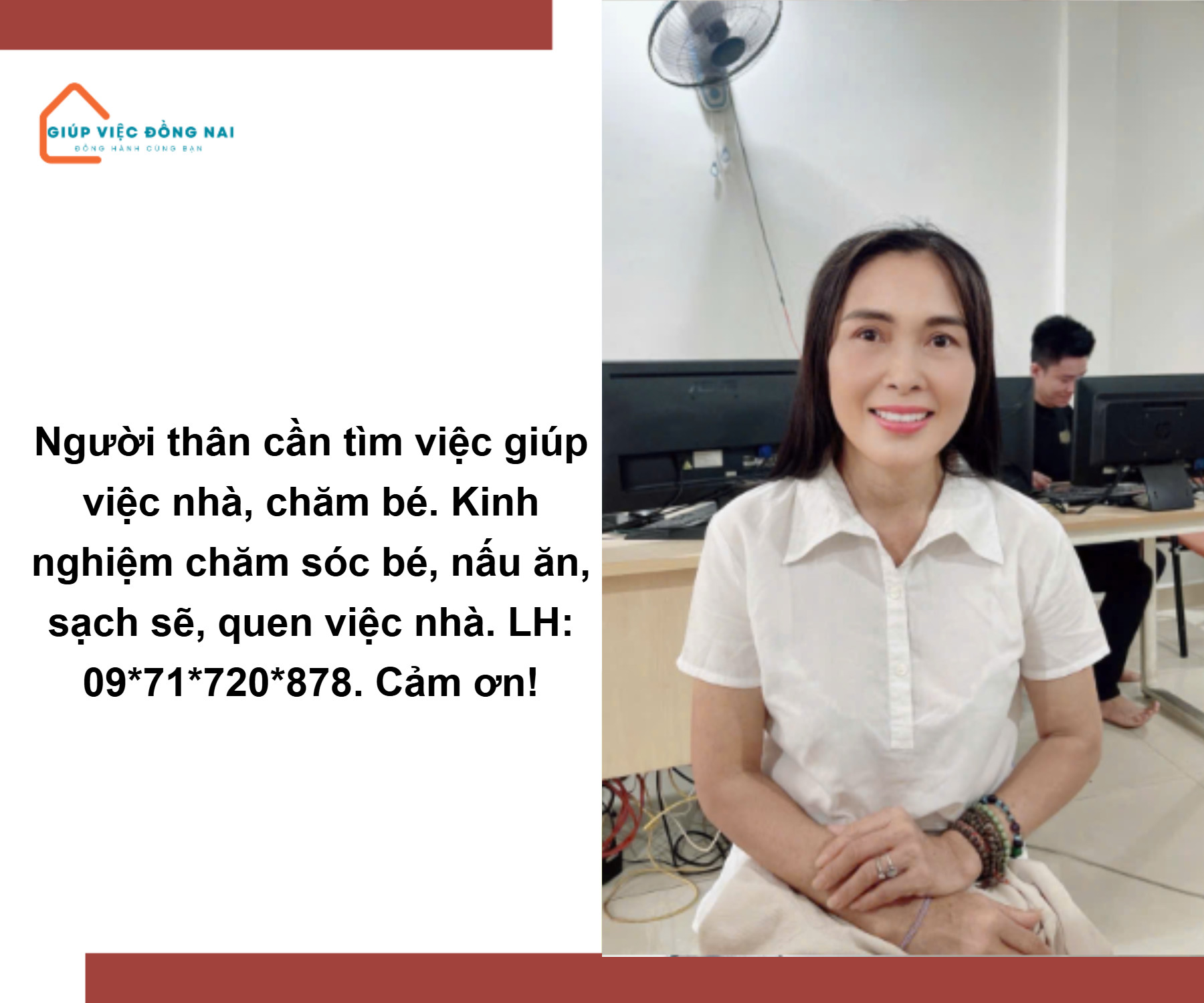 Chị NGUYỄN THỊ DIỆN, sinh năm 1975, quê Hồ Chí Minh cần tìm việc
