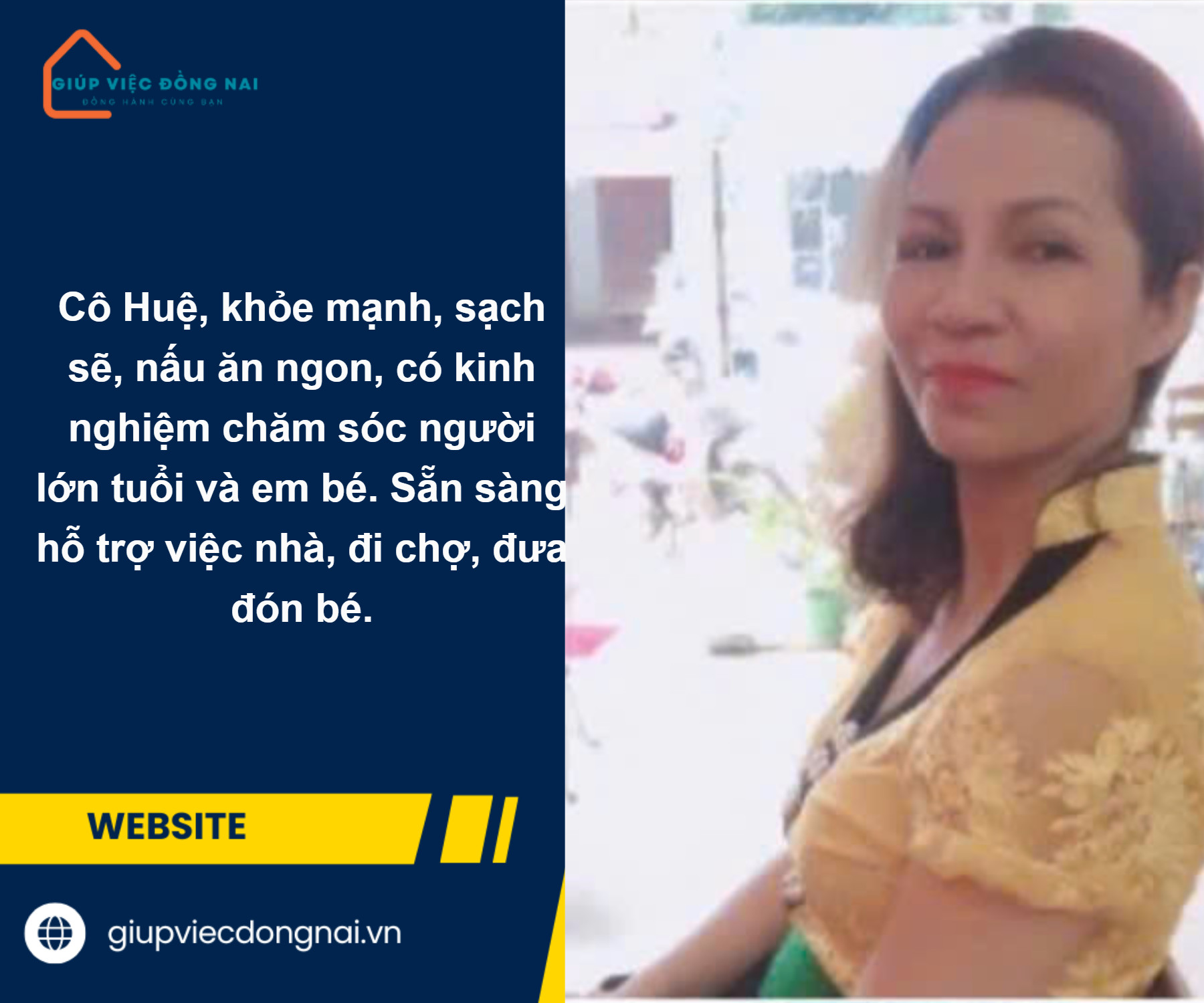 Chị NGUYỄN THỊ HUỆ, sinh năm 1972, quê Thừa Thiên Huế cần tìm việc