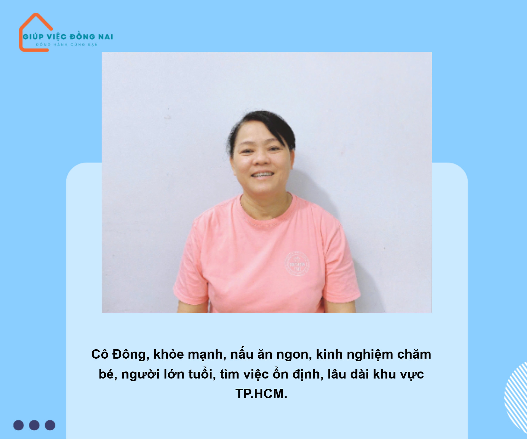 Chị TRẦN THỊ ĐÔNG, sinh năm 1975, quê Đà Nẵng cần tìm việc