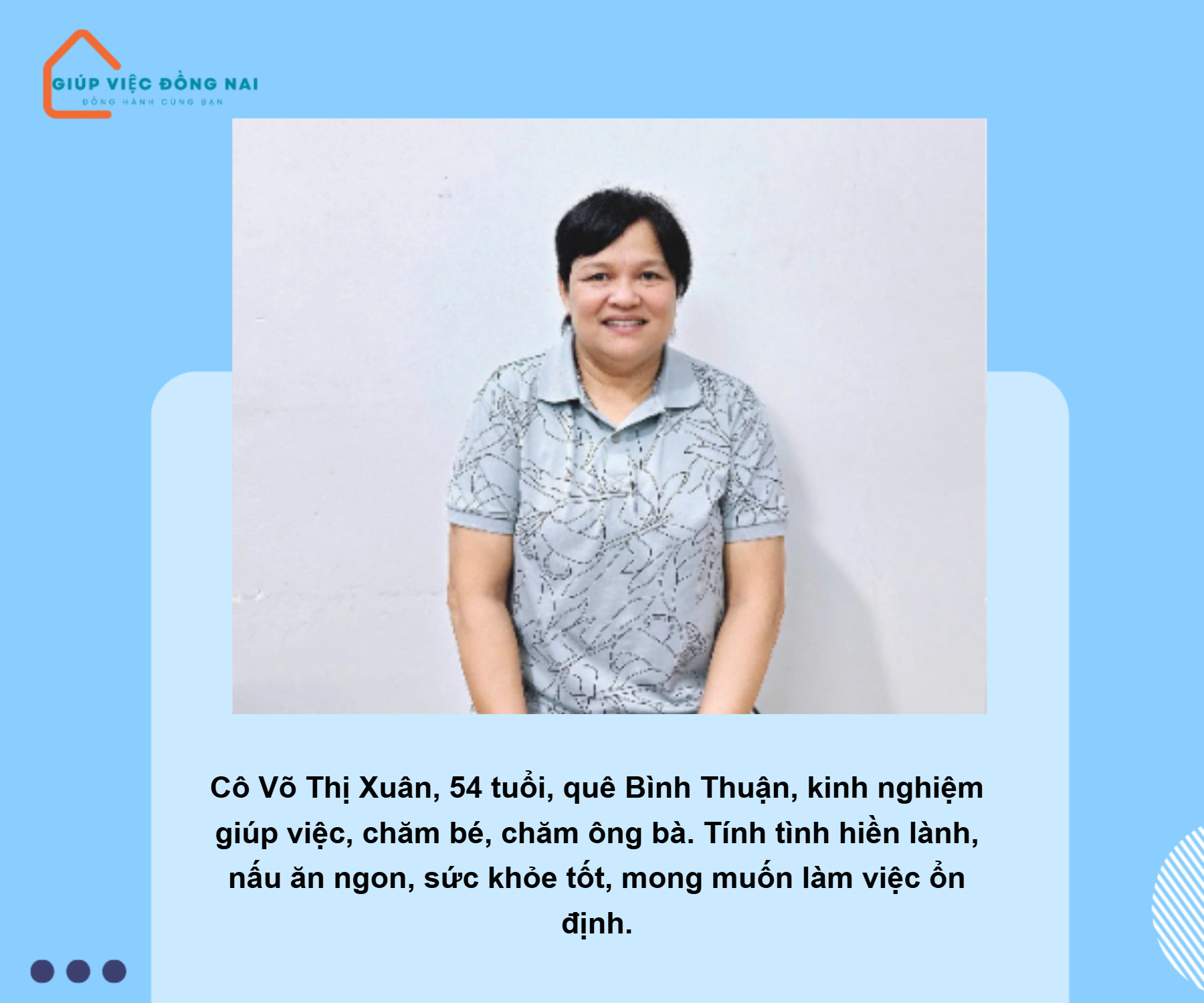 Chị VÕ THỊ XUÂN, sinh năm 1970, quê Bình Thuận cần tìm việc