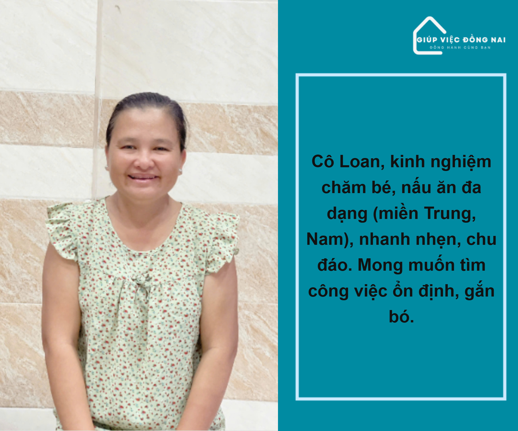 Chị PHẠM TUYẾT LOAN, sinh năm 1981, quê Tiền Giang cần tìm việc
