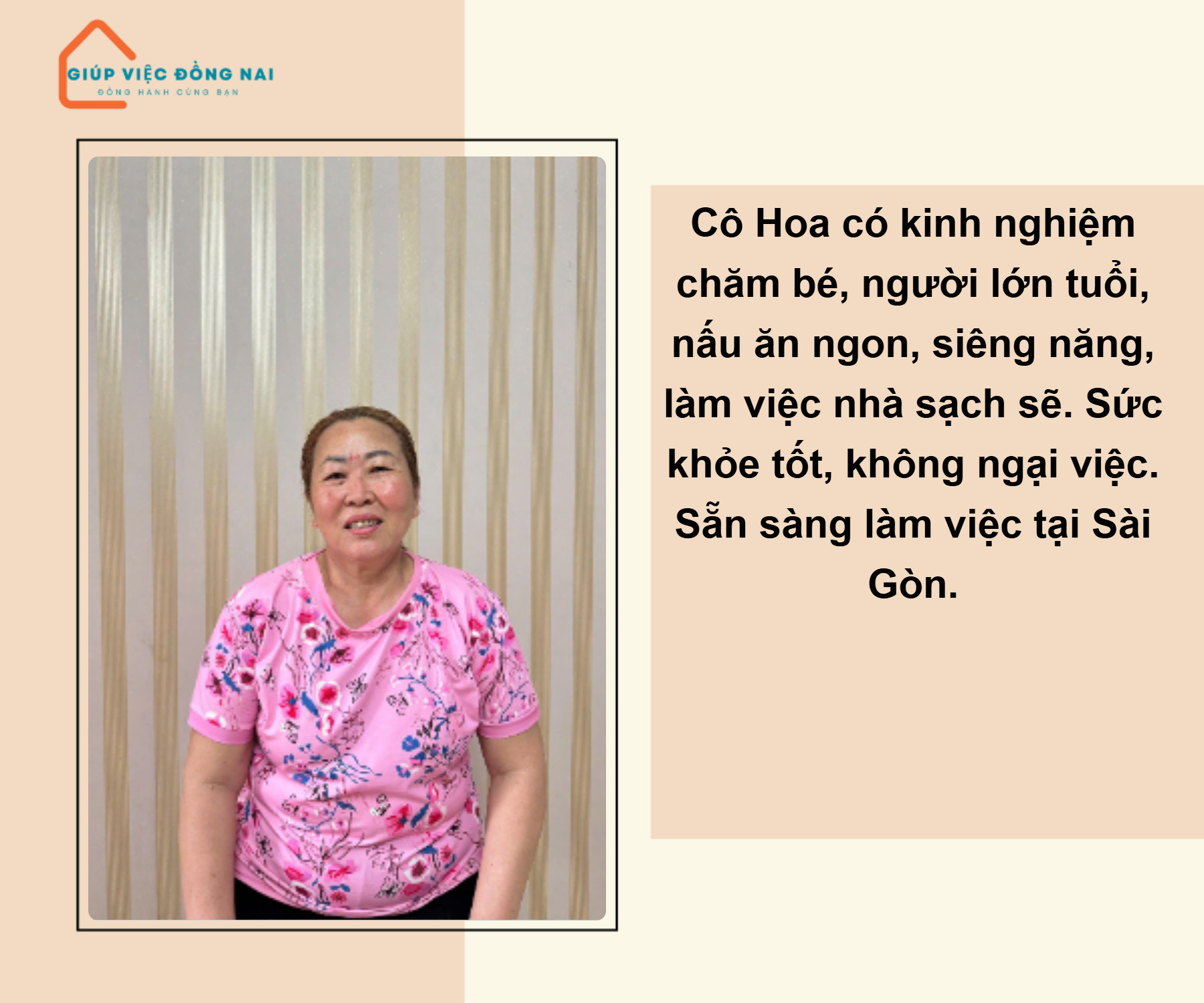 Chị Huỳnh Thị Diệu Hoa, sinh năm 1970, quê Khánh Hòa cần tìm việc