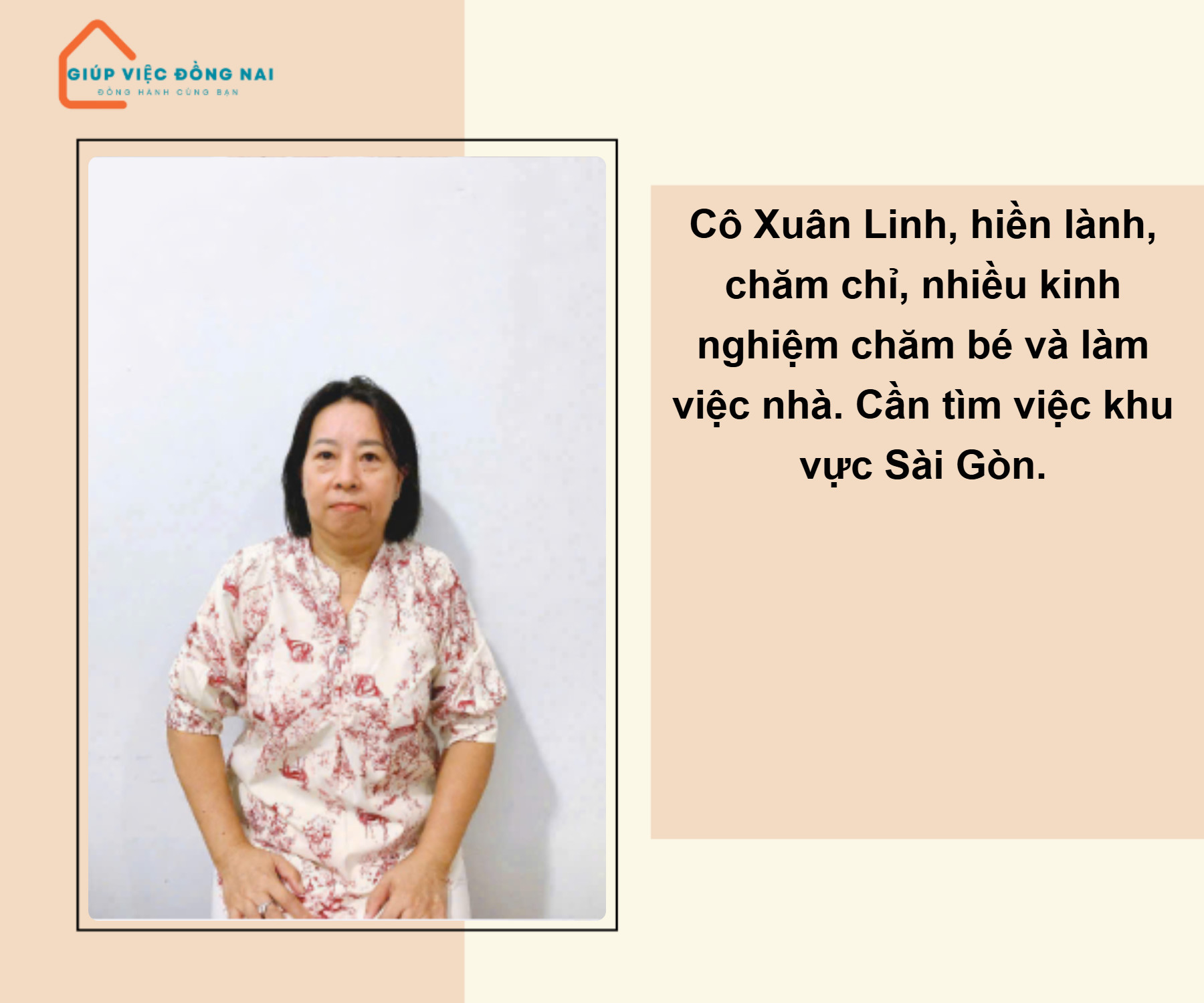 Chị NGUYỄN THỊ XUÂN LINH, sinh năm 1973, quê Tiền Giang cần tìm việc