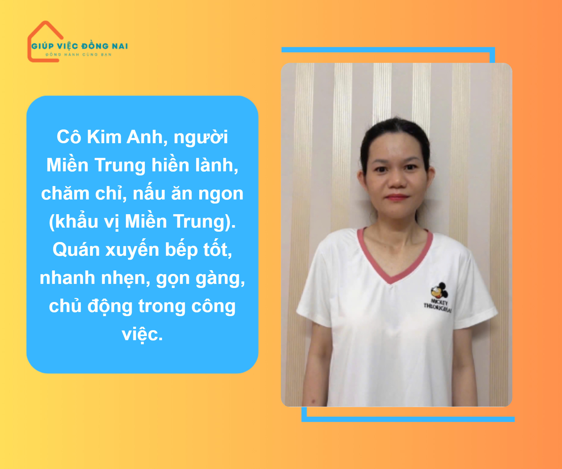 Chị  ĐOÀN THỊ KIM ANH   Sinh năm: 1983   Quê: NINH THUẬN. Cần tìm việc.