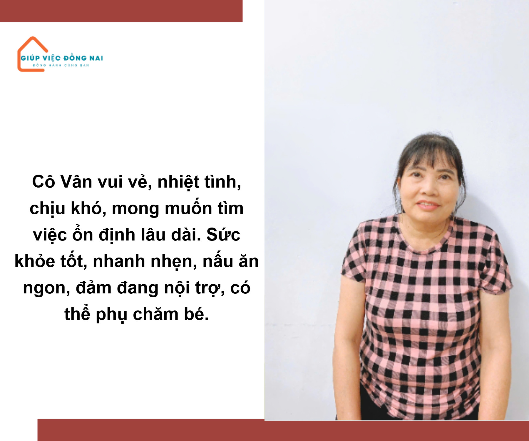 Chị NGUYỄN THỊ VÀN, sinh năm 1973, quê Đồng Nai cần tìm việc