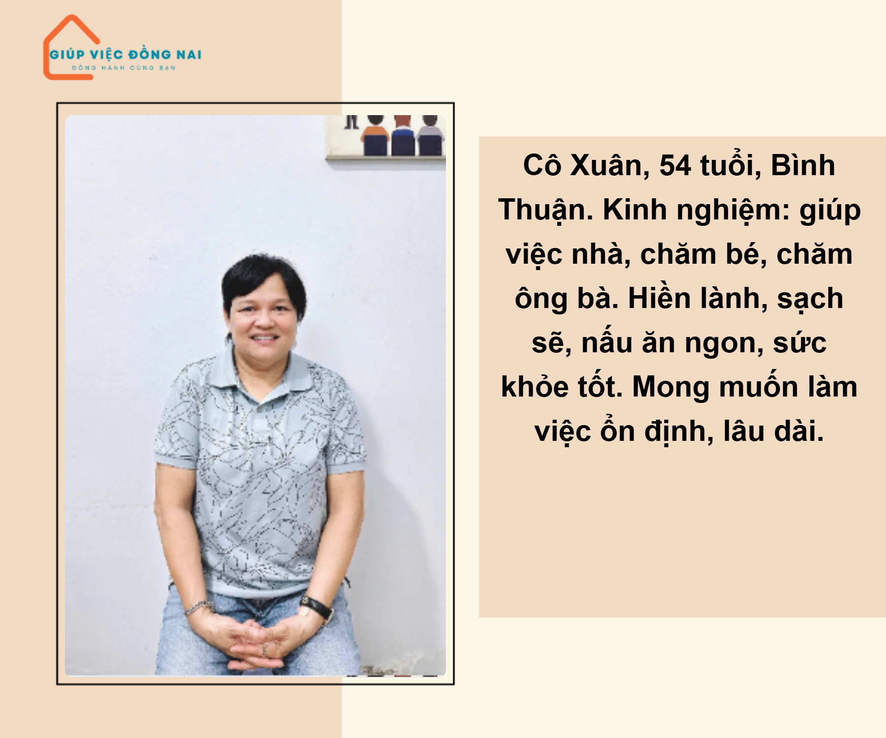 Chị VÕ THỊ XUÂN, sinh năm 1970, quê Bình Thuận cần tìm việc