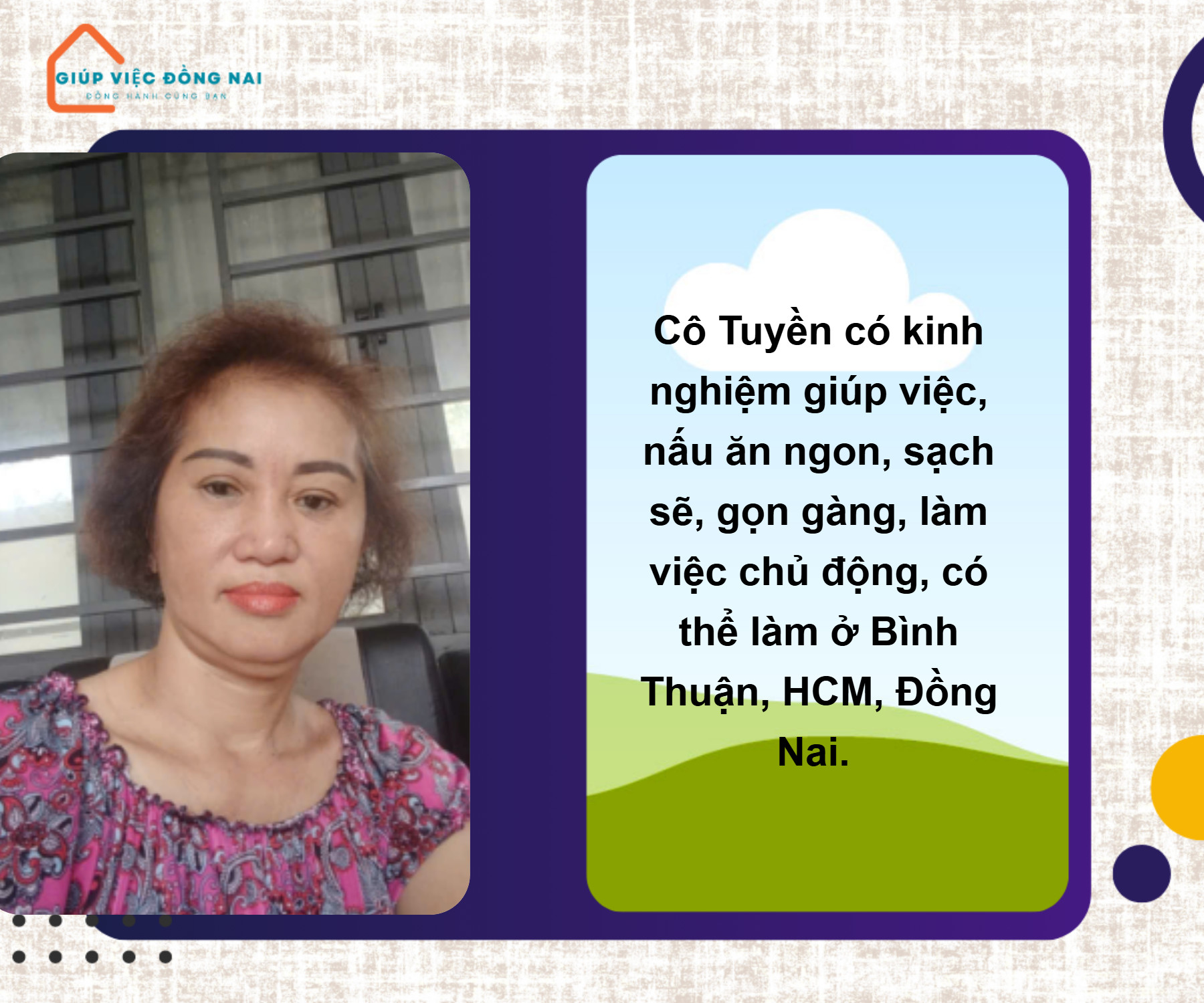 Chị PHẠM NGỌC TUYỀN, sinh năm 1972, quê Bình Thuận cần tìm việc