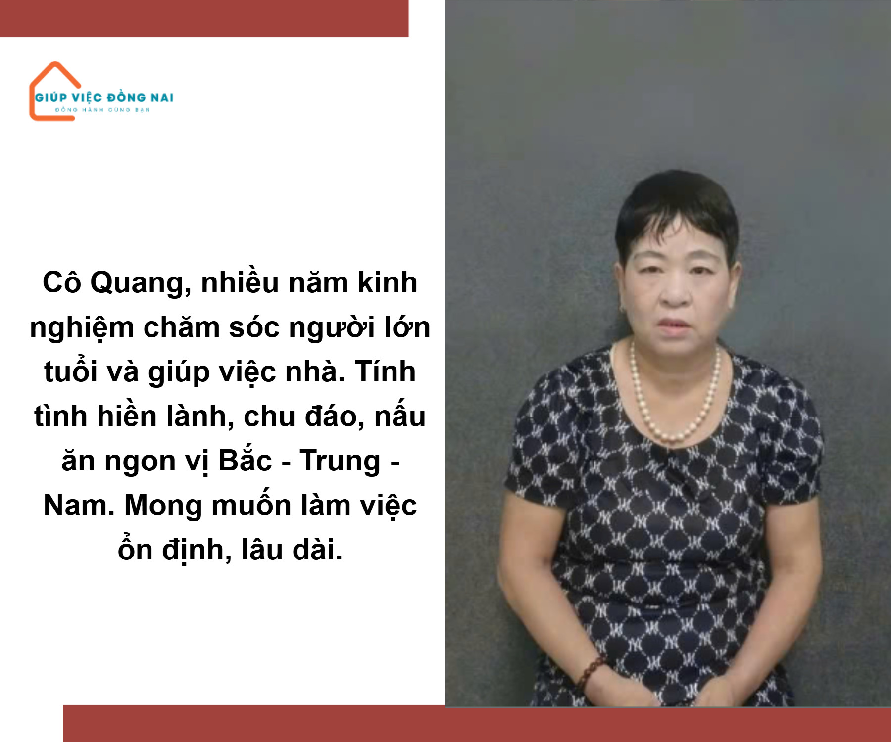 Chị PHẠM THỊ QUANG, sinh năm 1964, quê Nghệ An cần tìm việc