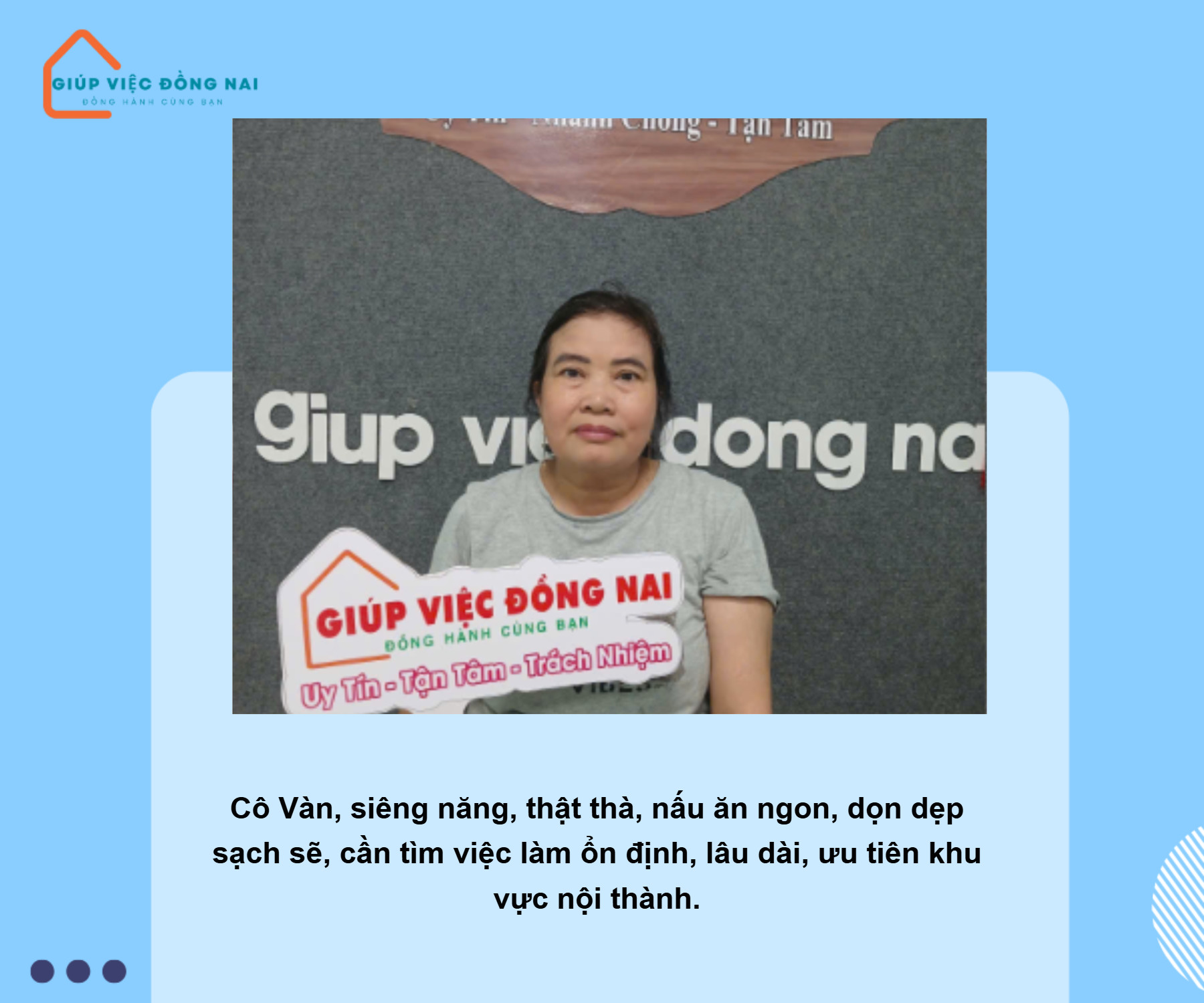 Chị NGUYỄN THỊ VÀN, sinh năm 1973, quê Đồng Nai cần tìm việc