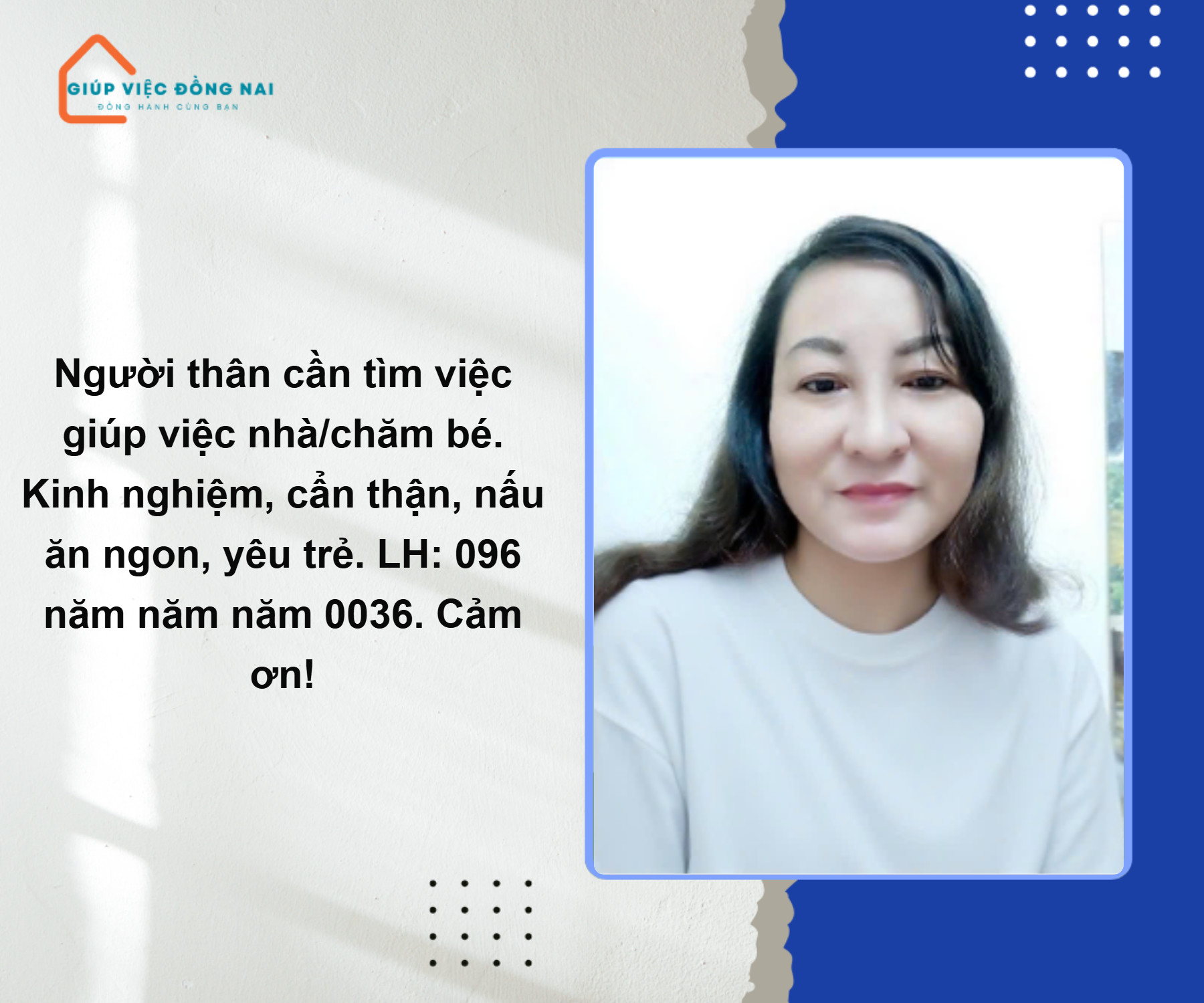 Chị LÊ THỊ PHƯƠNG HOA, sinh năm 1971, quê Vĩnh Long cần tìm việc