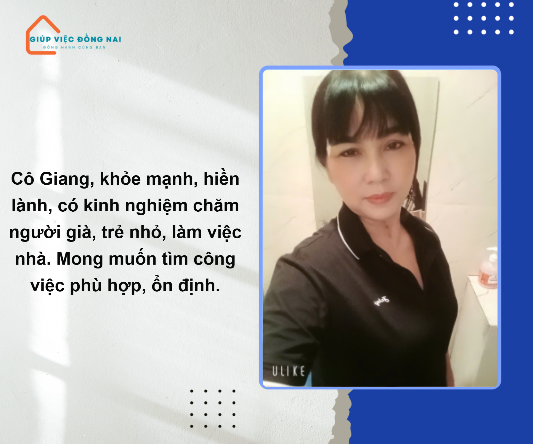 Chị TRẦN THỊ GIANG, sinh năm 1973, quê Đồng Nai càn tìm việc