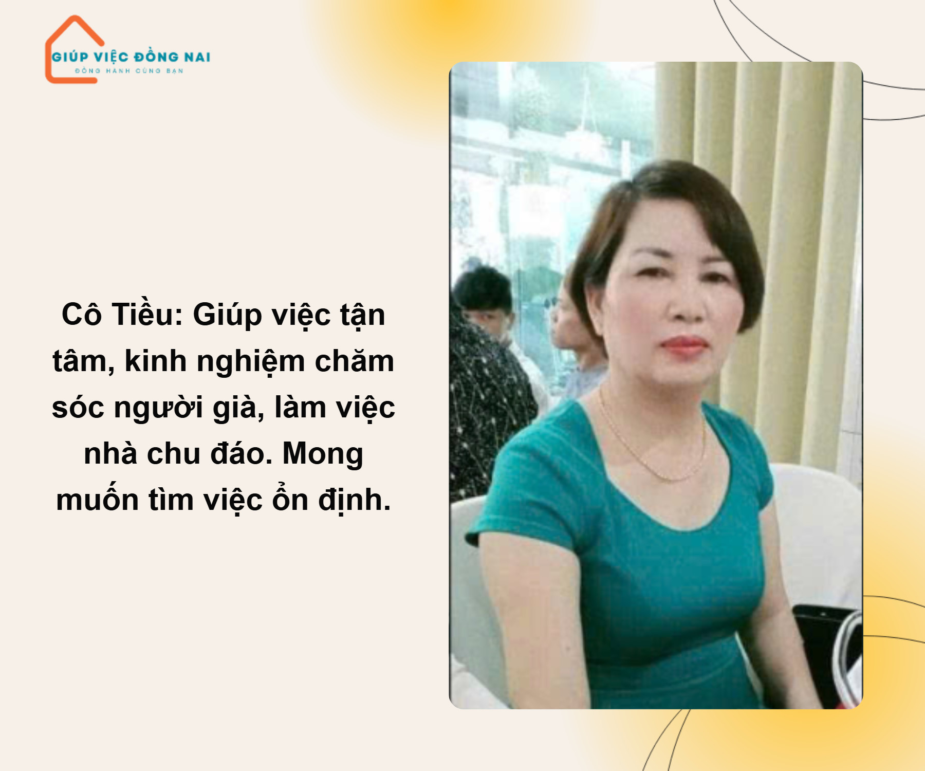 Chị BÙI THỊ TIỀU, sinh năm 1966, quê Hoà Bình cần tìm việc
