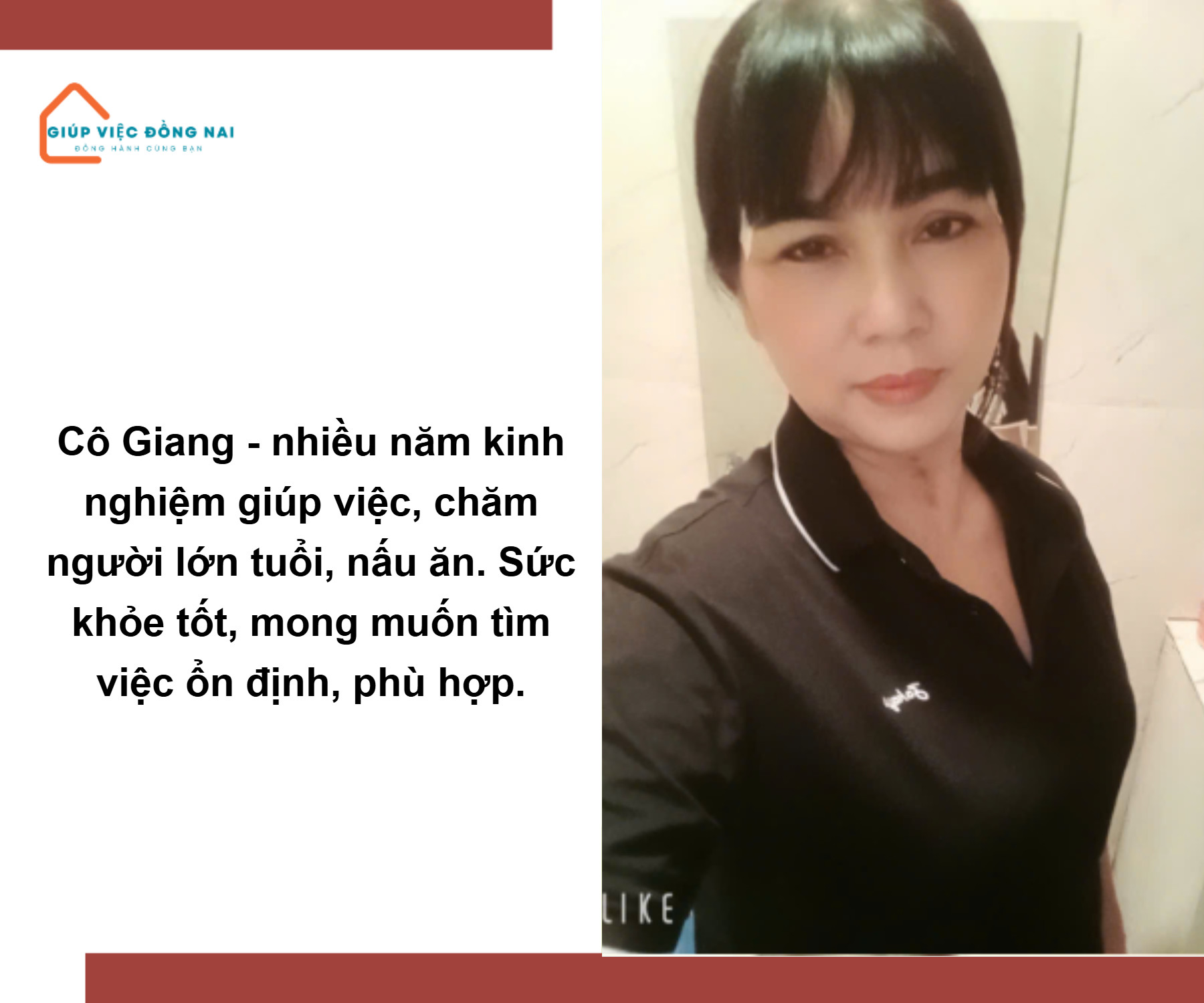 Chị TRẦN THỊ GIANG, sinh năm 1973, quê Đồng Nai cần tìm việc