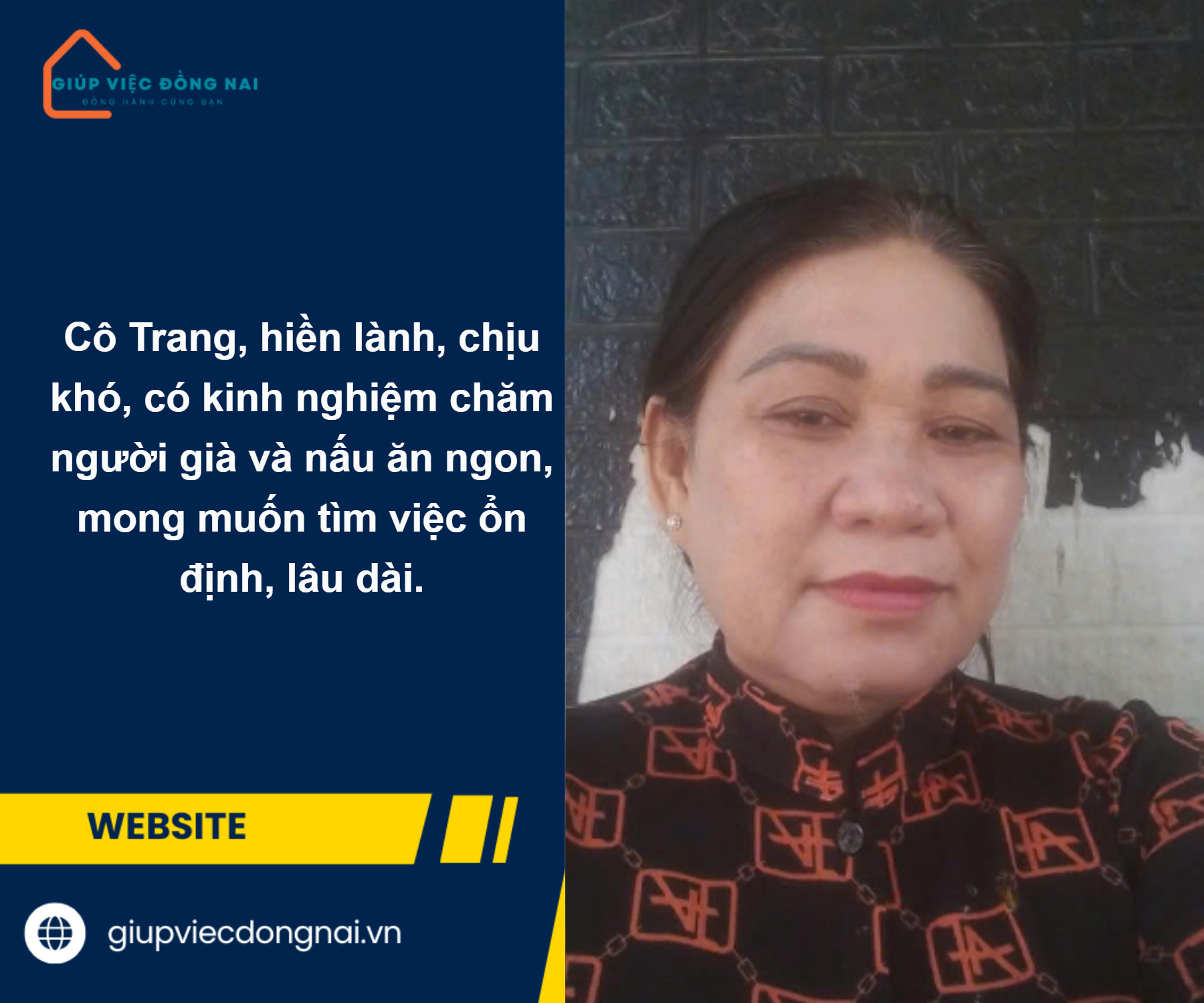 Chị NGUYỄN THỊ TRANG, sinh năm 1974, quê Đồng Tháp cần tìm việc