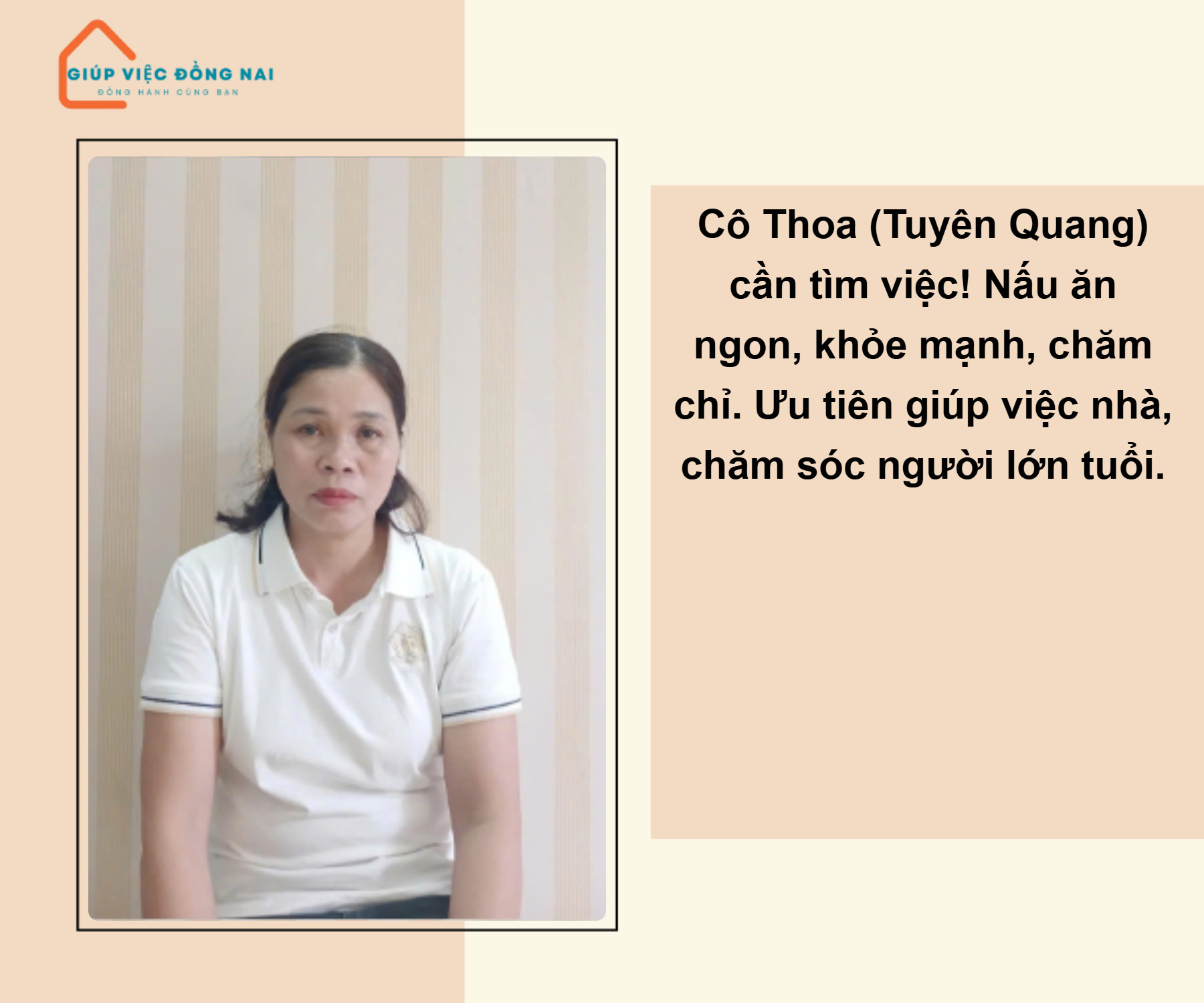 Chị NGUYỄN THỊ THOA, sinh năm 1971, quê Tuyên Quang cần tìm việc