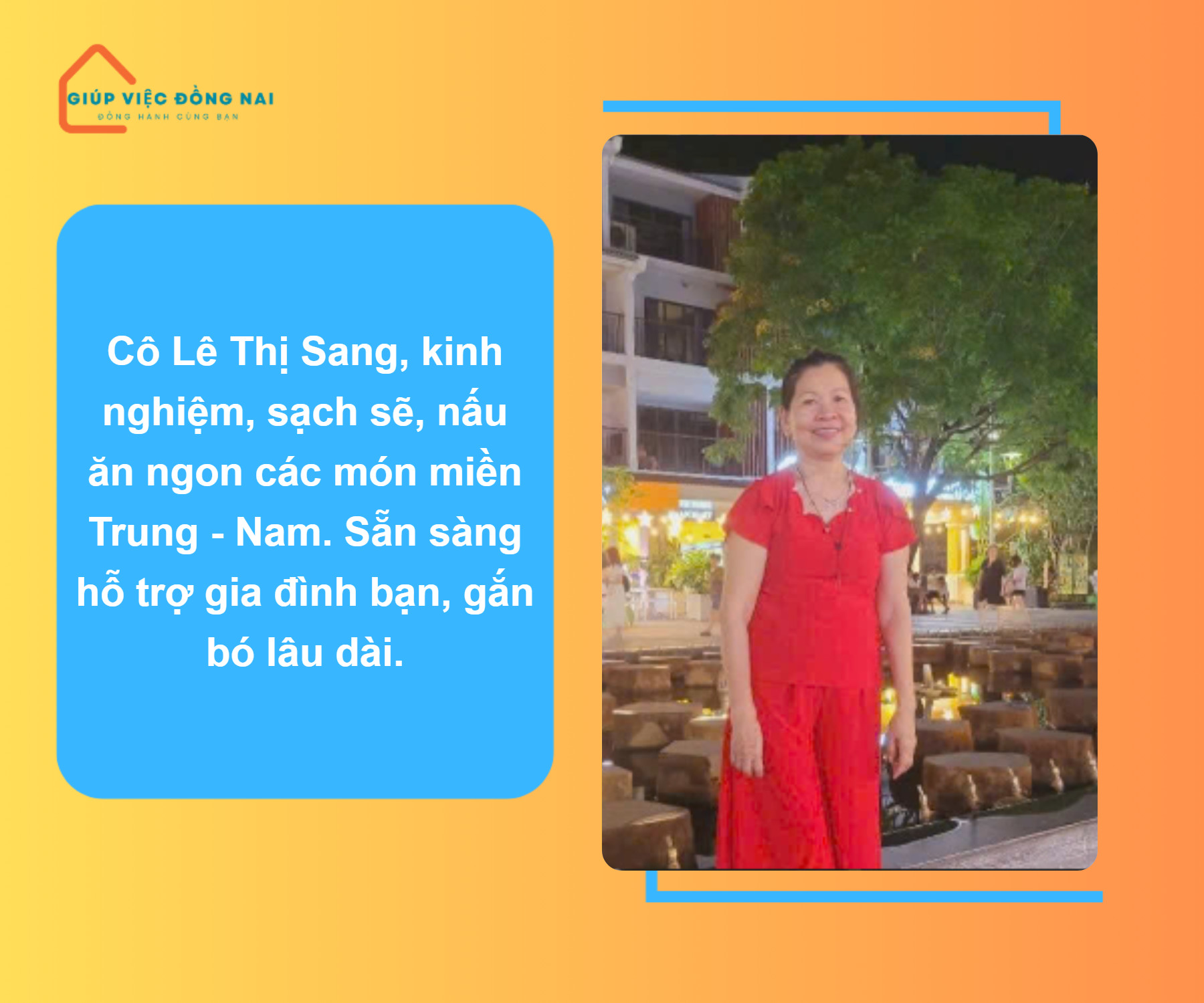 Chị LÊ THỊ SANG, sinh năm 1968, quê Thừa Thiên Huế cần tìm việc