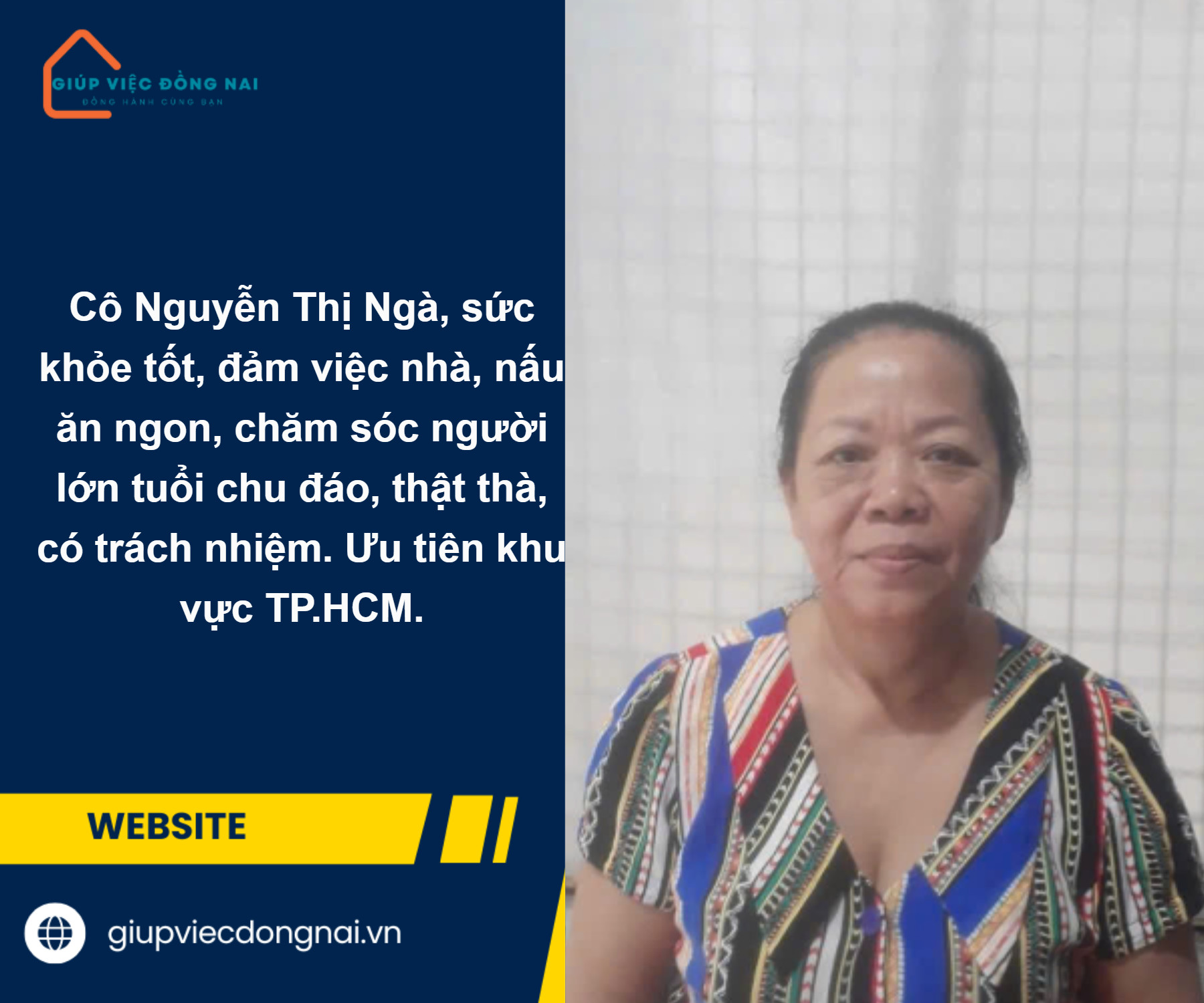 Chị NGUYỄN THỊ NGÀ, sinh năm 1961, quê Vĩnh Phúc cần tìm việc