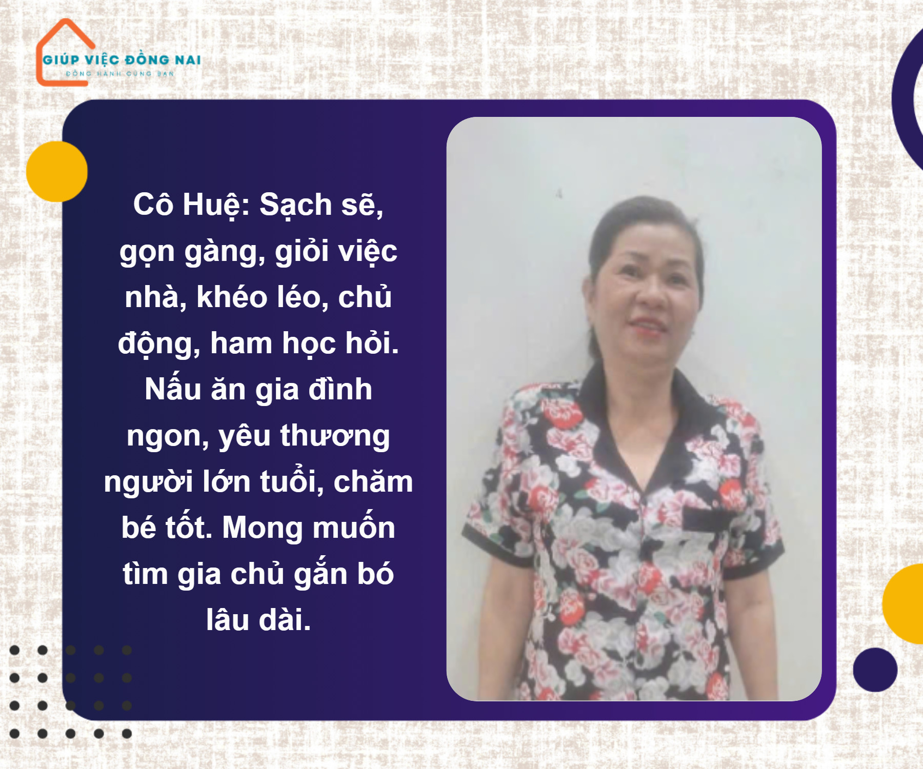 Chị NGUYỄN THỊ KIỀU HUỆ, sinh năm 1973, quê Bạc Liêu cần tìm việc