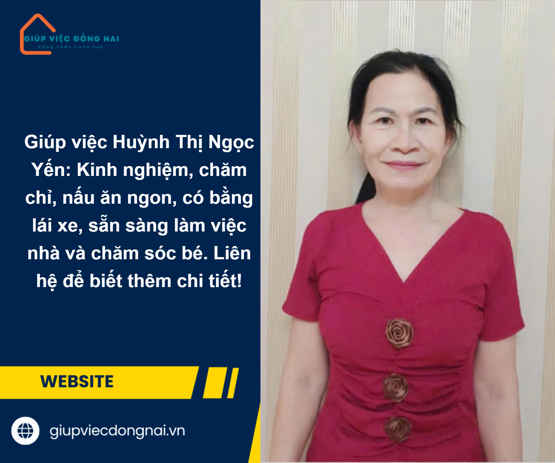 Chị HUỲNH THỊ NGỌC YẾN, sinh năm 1970, quê Đồng Nai cần tìm việc