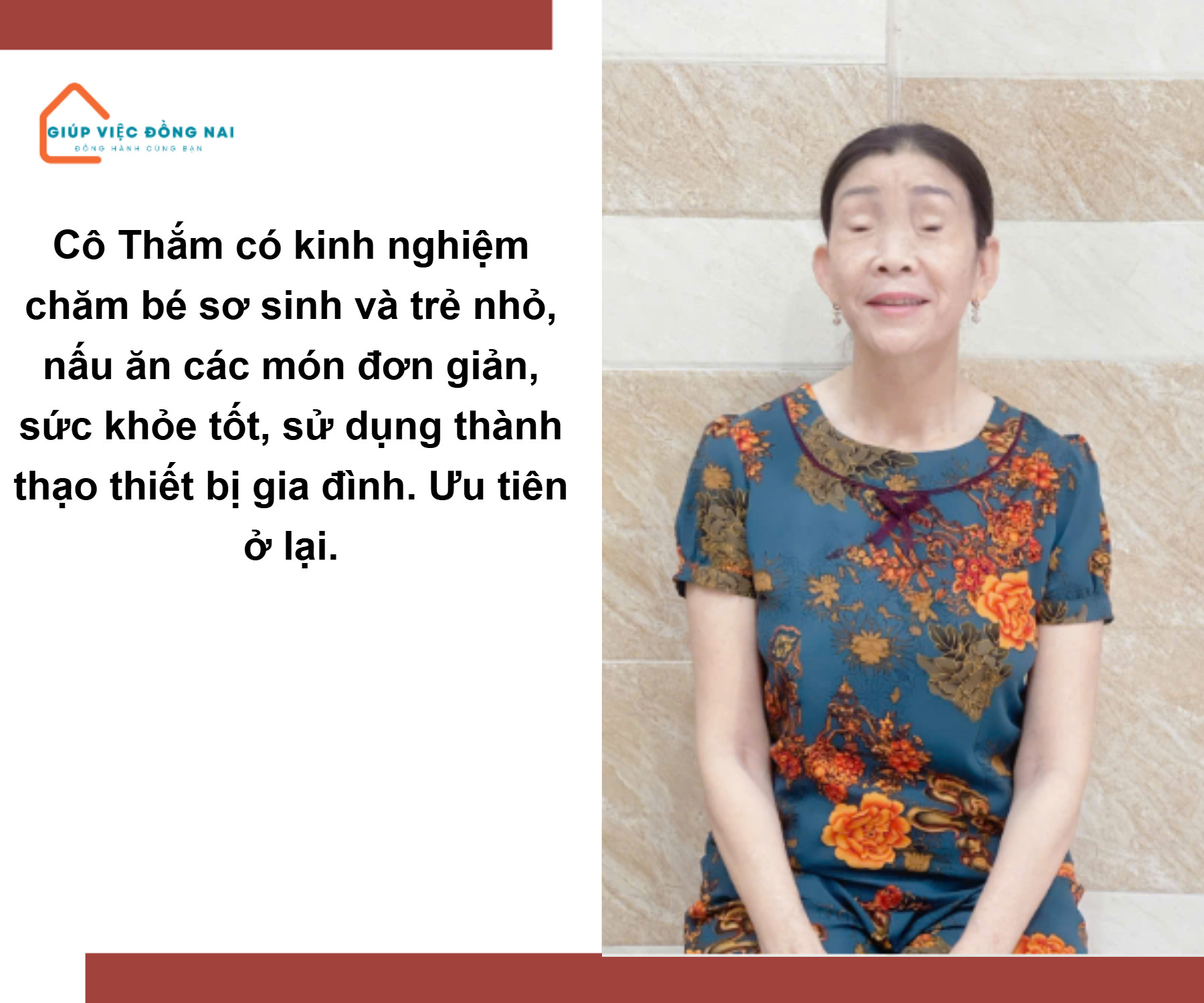 Chị NGUYỄN THỊ THẮM, sinh năm 1966, quê Quảng Bình cần tìm việc