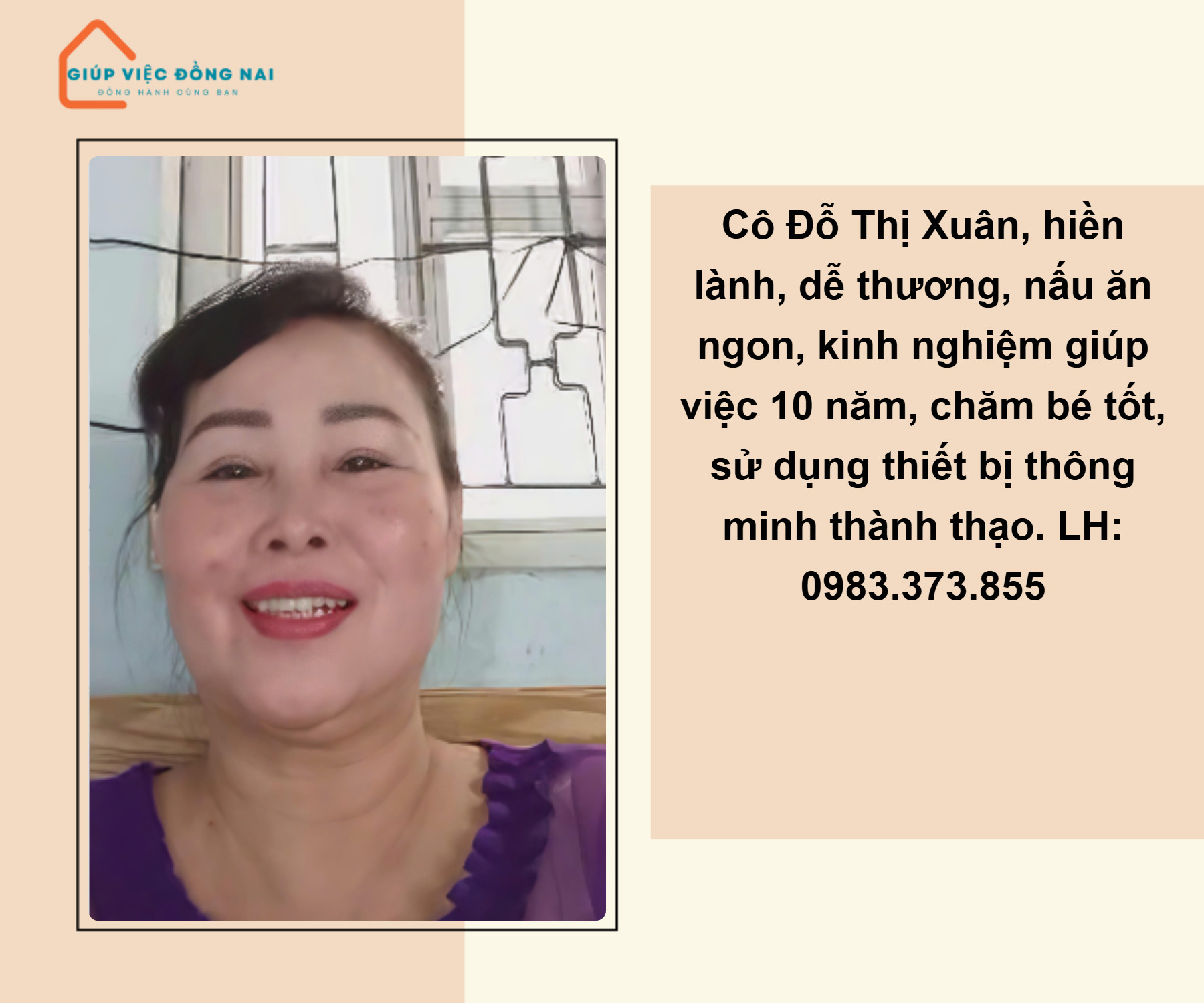 Chị ĐỖ THỊ XUÂN, sinh năm 1968, quê Đồng Nai cần tìm việc