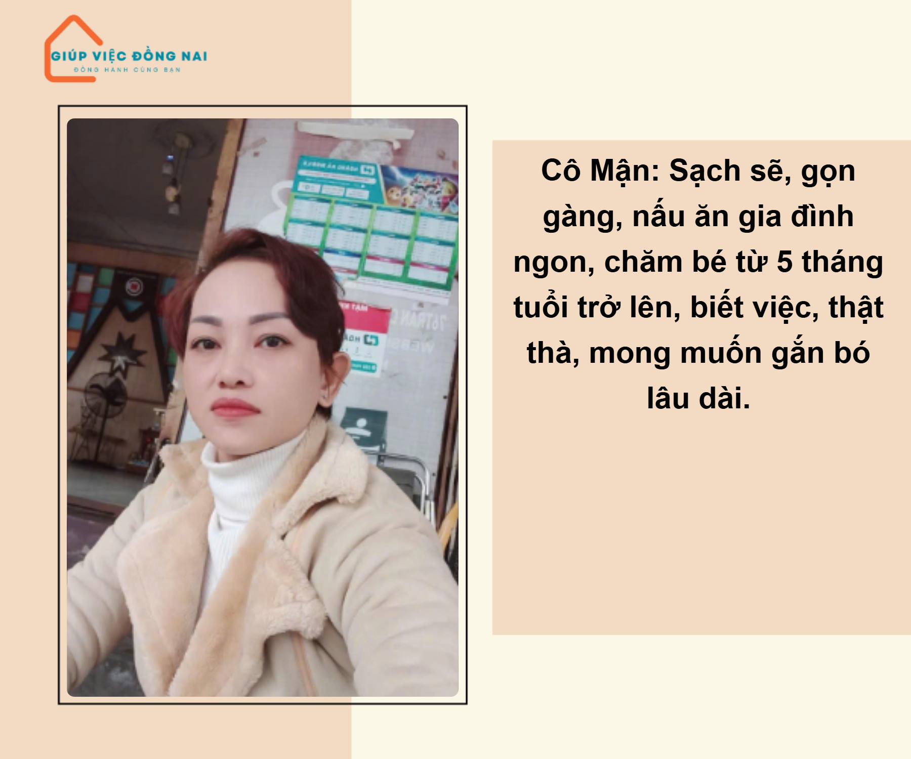 Chi Mận sinh năm 1986 cần cù siêng năng cần tìm việc.