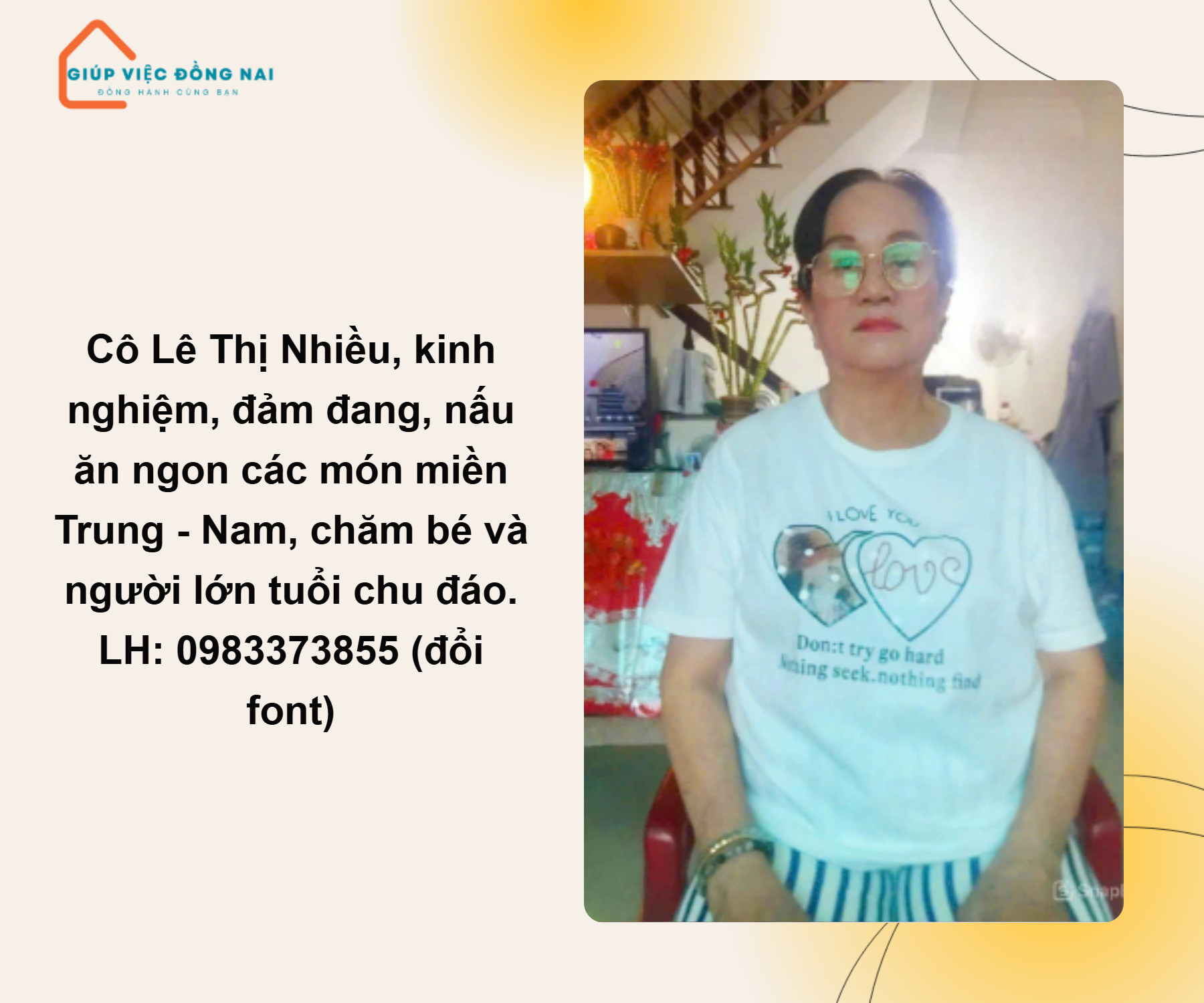 Chị LÊ THỊ NHIỀU, sinh năm 1963, quê Đồng Tháp cần tìm việc