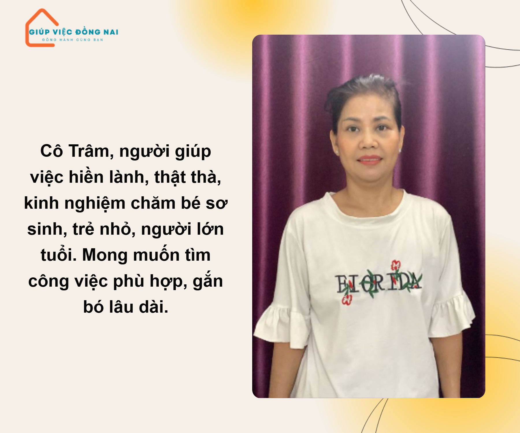 Chị Võ Thị Ngọc Trâm, sinh năm 1972, quê Hồ Chí Minh cần tìm việc