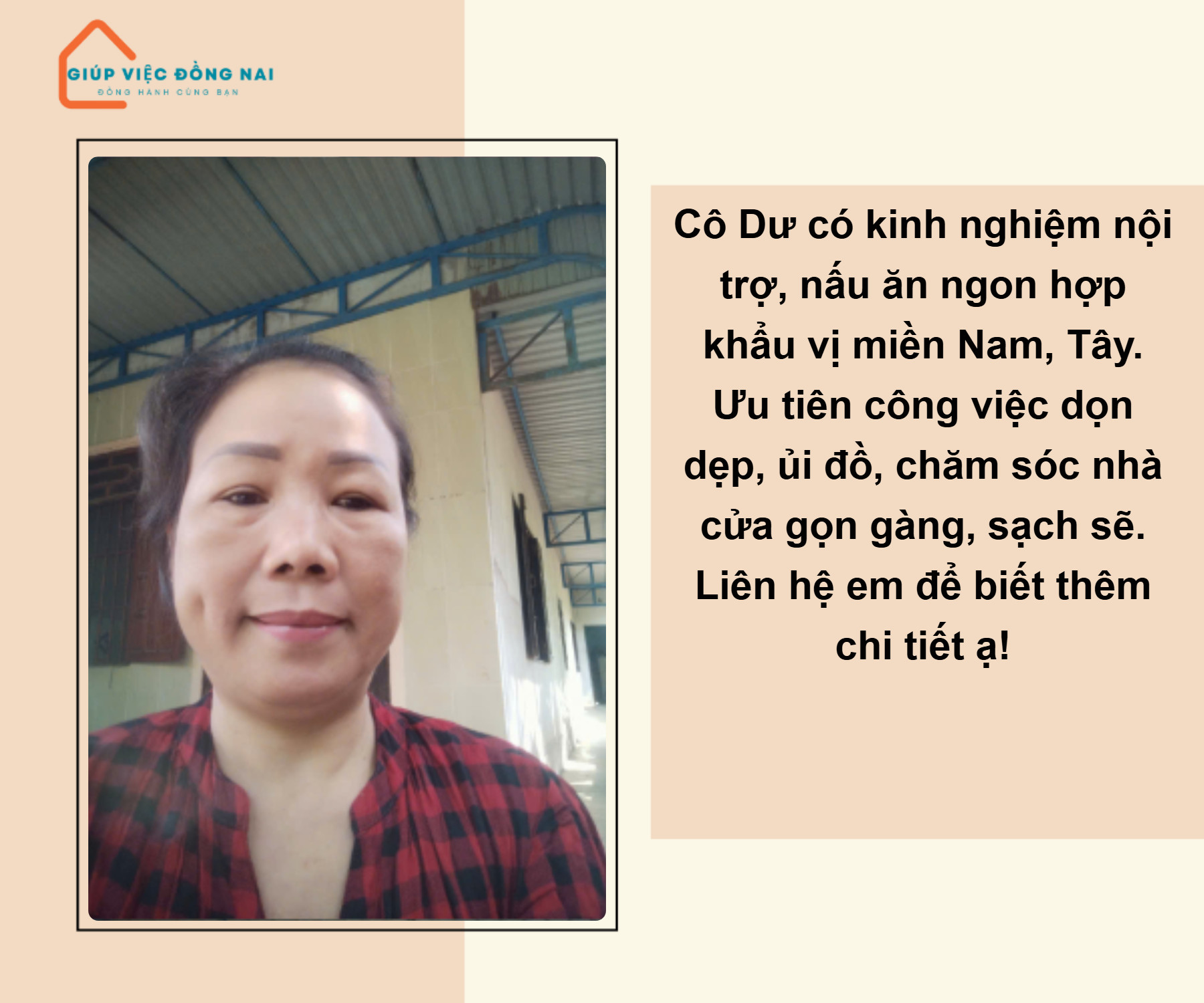 Chị ĐẶNG THỊ DƯ, sinh năm 1974, quê Tiền Giang cần tìm việc
